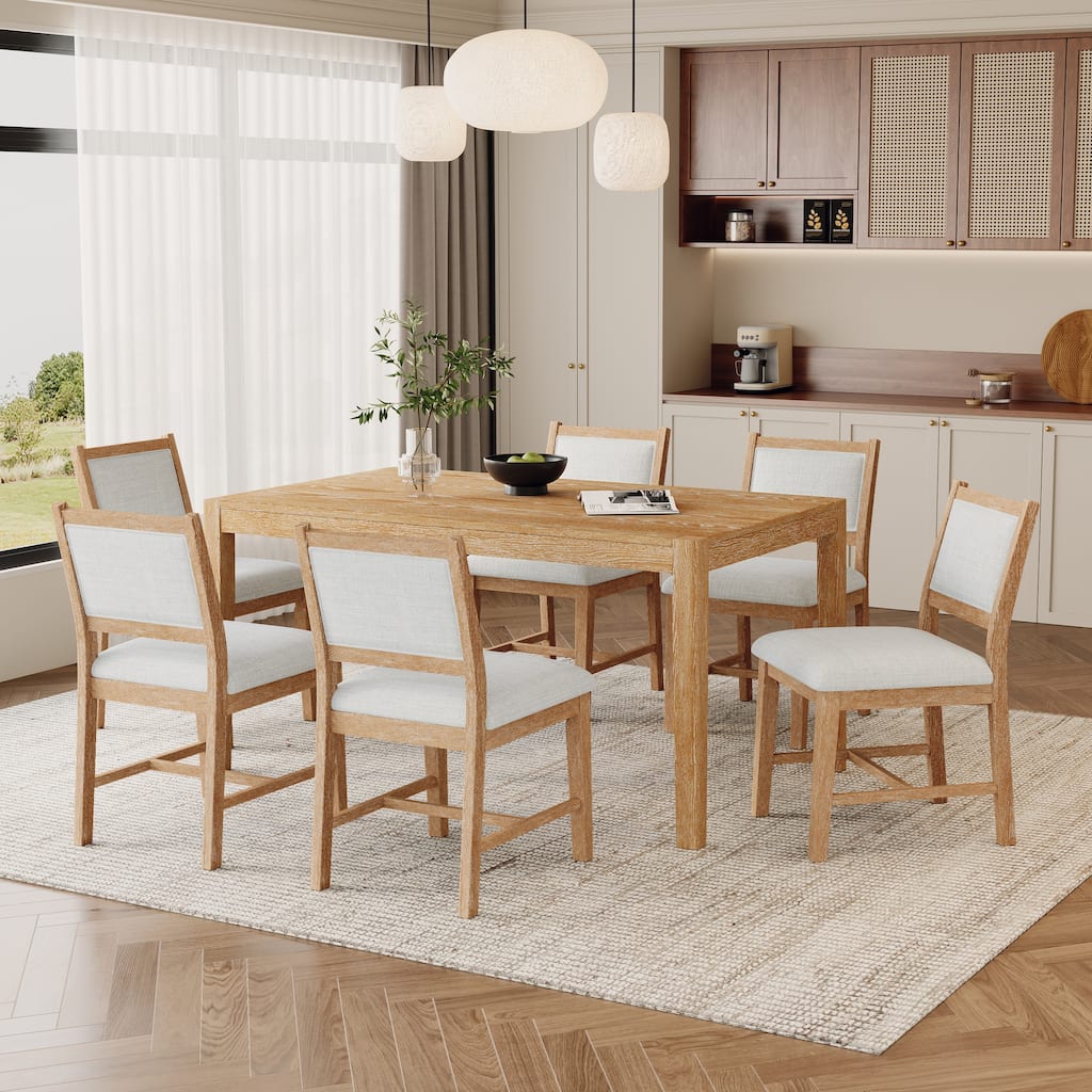 7-Piece, Retro Dining Table Set with Rectangular Wood Dining Table Set and 6 Chairs, for Dining Room and Kitchen, Natural