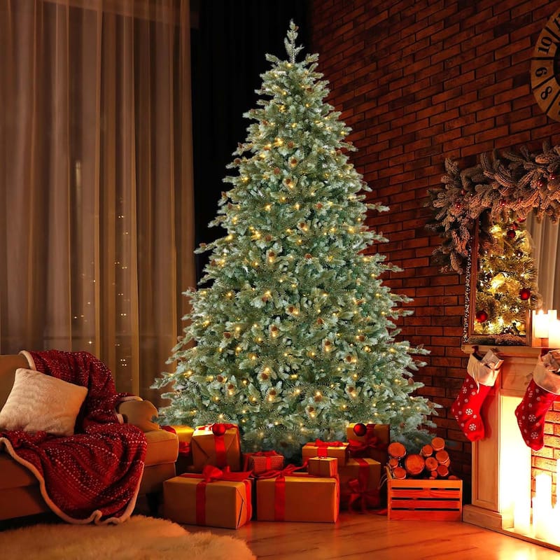 6/7/8 FT Pre-Lit Christmas Tree Artificial Xmas Tree w/ Pine Cones