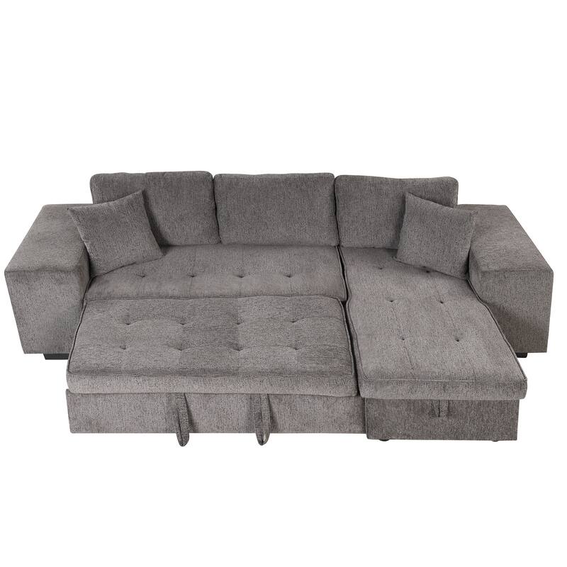 Modern L-Shape 3 Seat Reversible Sectional Couch, Pull Out Sleeper Sofa with Storage Chaise and 2 Stools