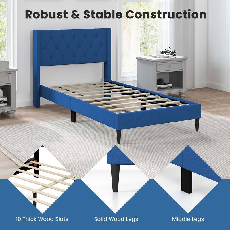 Costway Twin Size Upholstered Platform Bed with Button Tufted Wingback