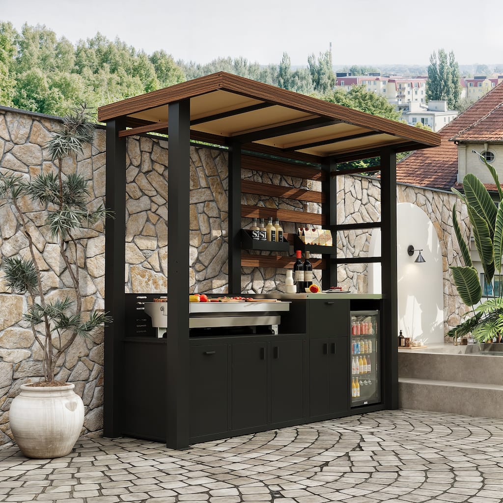 Patio Grill Workstation with Fridge Slot, Hidden Trash Bin & Weather-Resistant Roof Outdoor Kitchen BBQ Grill Station