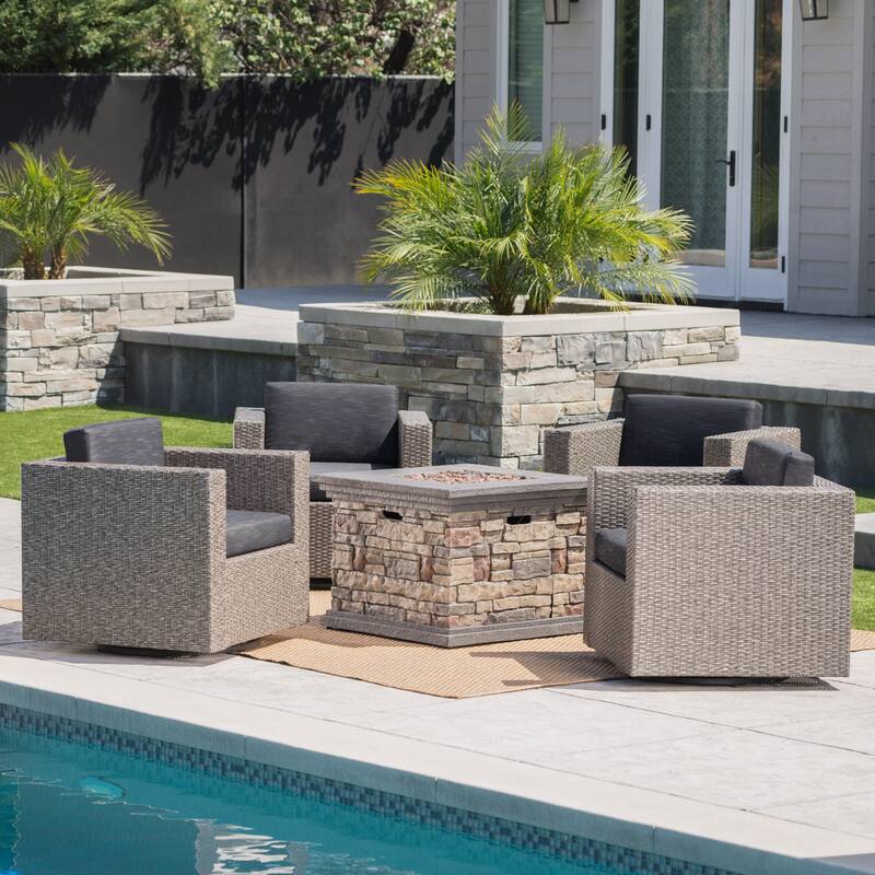 Puerta Outdoor 5-piece Wicker Chair and Square Stone Firepit Set by Christopher Knight Home