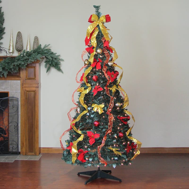6' Gold Red Pop-Up Artificial Christmas Tree Clear Lights - 6 Foot