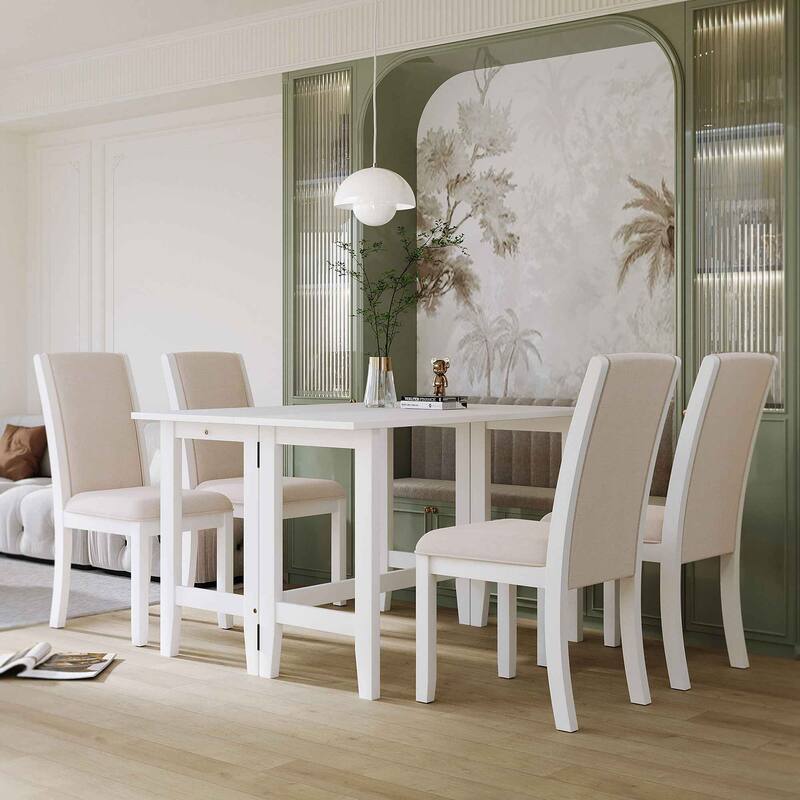 5-Piece Wood Extendable Dining Table Set with Drop Leaf and 4 ...