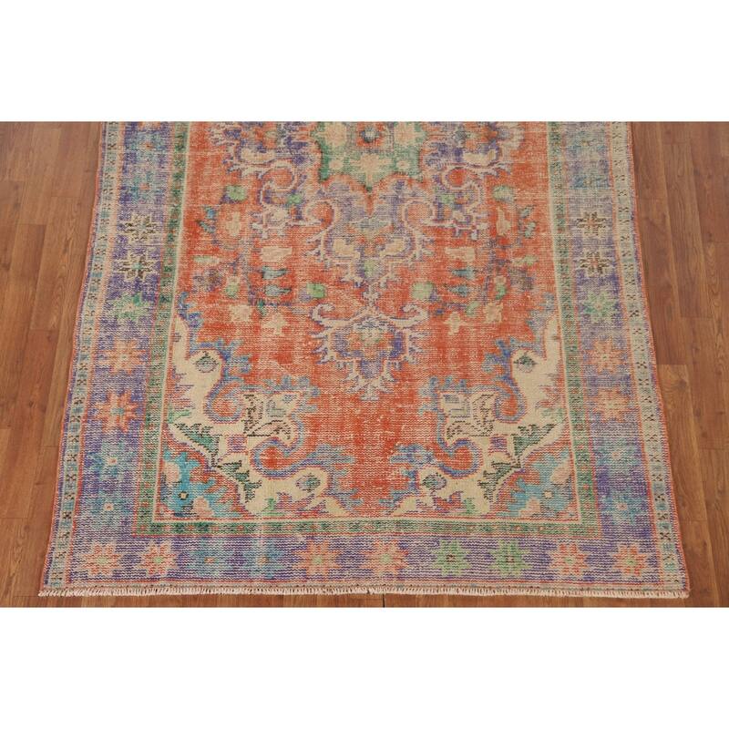 Distressed Orange Sparta Turkish Vintage Area Rug Handmade Wool Carpet - 5'4" x 9'3"