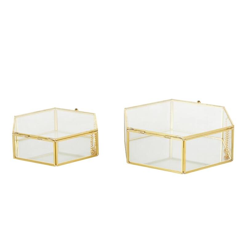 Glass Geometric Hexagon Decorative Jewelry Box with Gold Metal Frame and Chain Accent - Set of 2 Clear - Roche River Decor