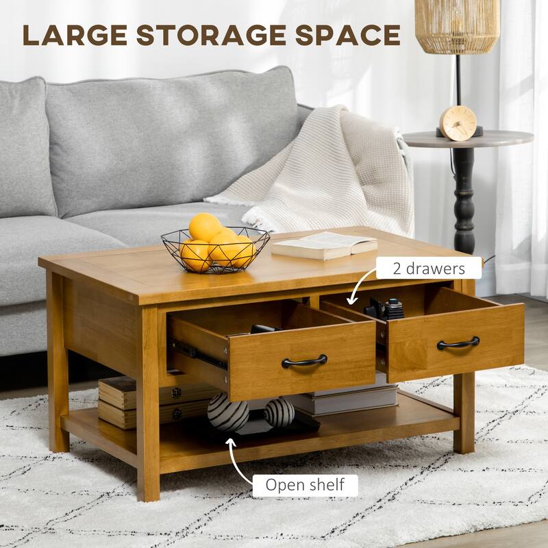 HOMCOM Rustic Coffee Table, Wood Cocktail Table with Drawers and Open Shelf for Living Room, Natural