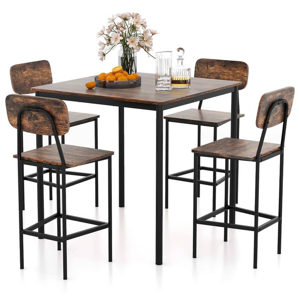 5 PCS Industrial Dining Table Set Counter Height Table & 4 Bar Stools