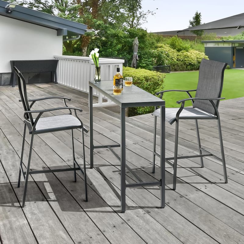 Outdoor Iron Bar Table with 3D-Print Tempered Glass Tabletop, Gray