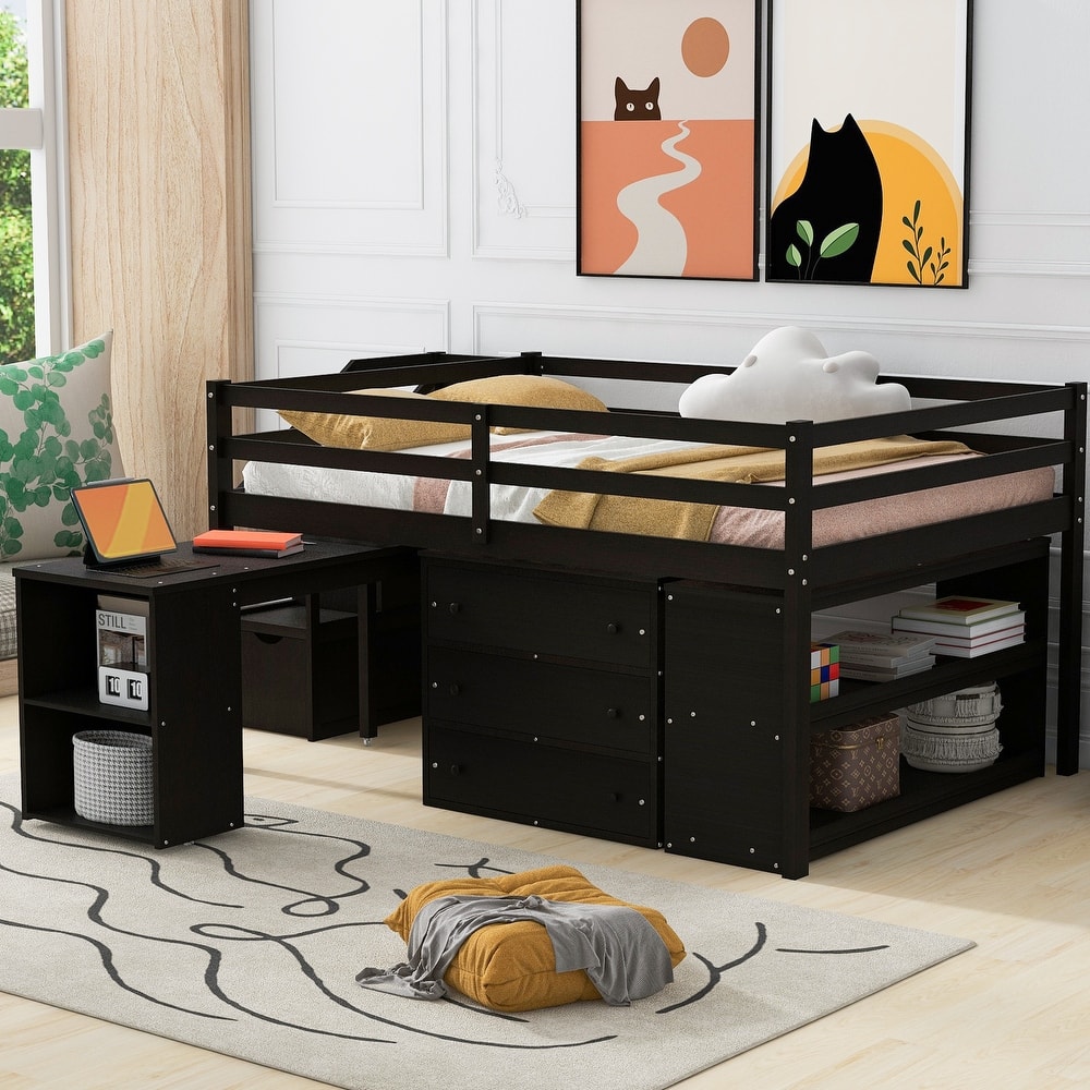 Full Size Storage Bed All-in-one Wooden Loft Bed with Retractable Writing Desk, Drawers, Storage Stairs and Shelves