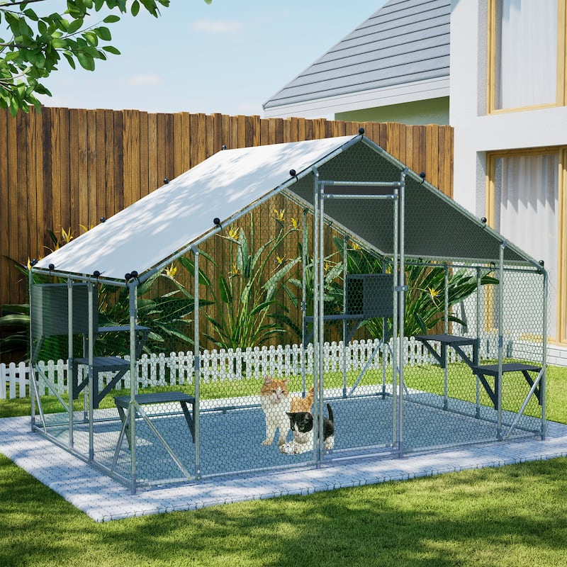 GDFStudio - Large Outdoor Metal Cat Catio Cage with Double Safety Lock & Enhanced Stability, All-Weather Pet Enclosure - 3x2M - Grey