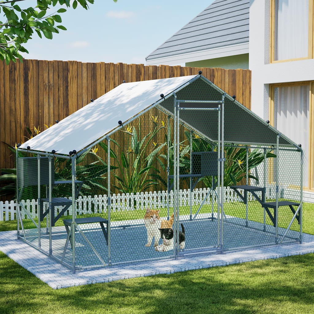 GDFStudio - Large Outdoor Metal Cat Catio Cage with Double Safety Lock & Enhanced Stability, All-Weather Pet Enclosure - 3x2M