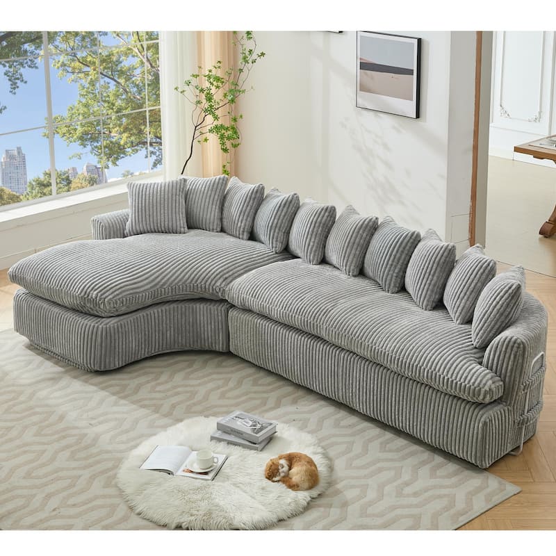 Modern L-Shaped Corduroy 4-Seat Modular Sectional Sofa with Curved Design and Back Cushions for Living Room