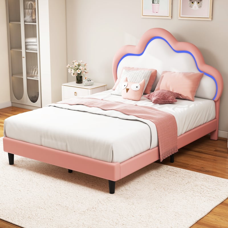 Moasis PU Adjustable Cloud Headboard Bed Frame Platform with LED - Pink - Queen
