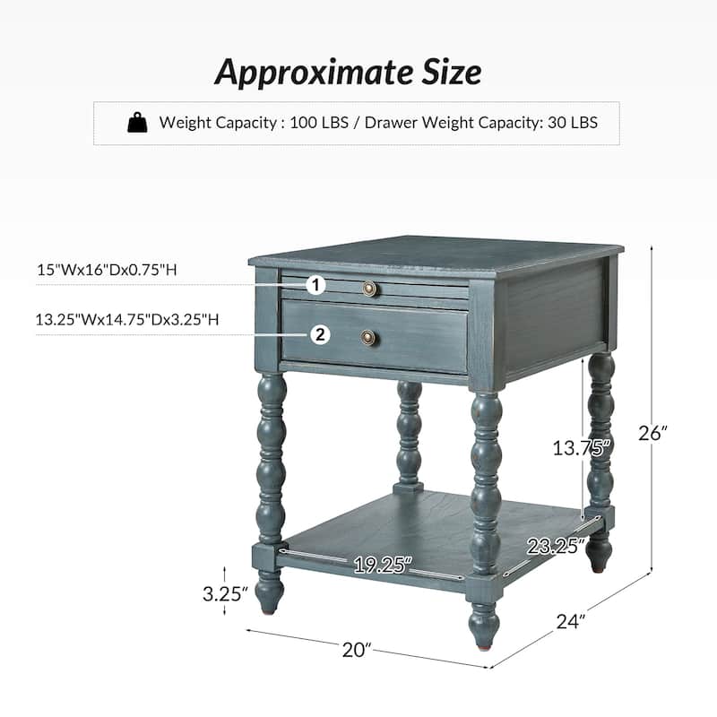 Eric Traditional 26" Tall Solid Wood End Table with USB by HULALA HOME