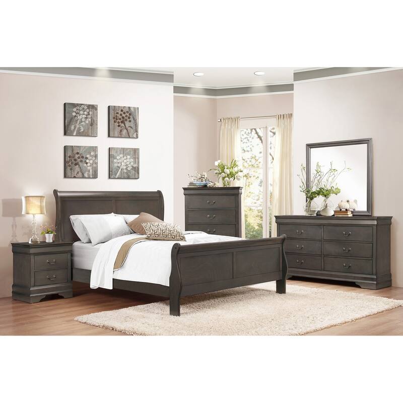 Traditional Queen Size Sleigh Bed with Stained Gray Finish