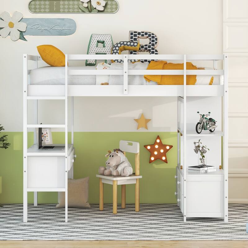 Pine Wood Loft Bed with Built-in Desk with Two Drawers, and Storage Shelves and Drawers