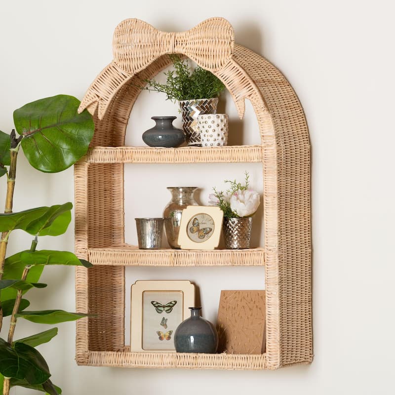 Creusa Natural Rattan Wall Shelf - 3-Tier Decorative Storage Rack with Arched Frame and Woven Bow Accent, Coastal Display Shelf