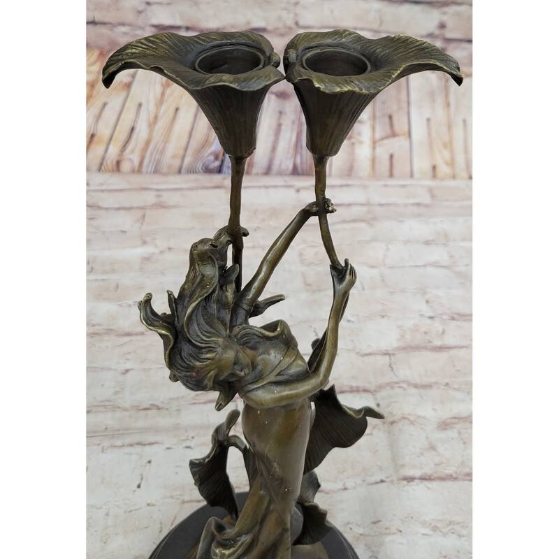 Tulip Young Girl Candlestick Statue Bronze Art Deco Candleholder Sculpture