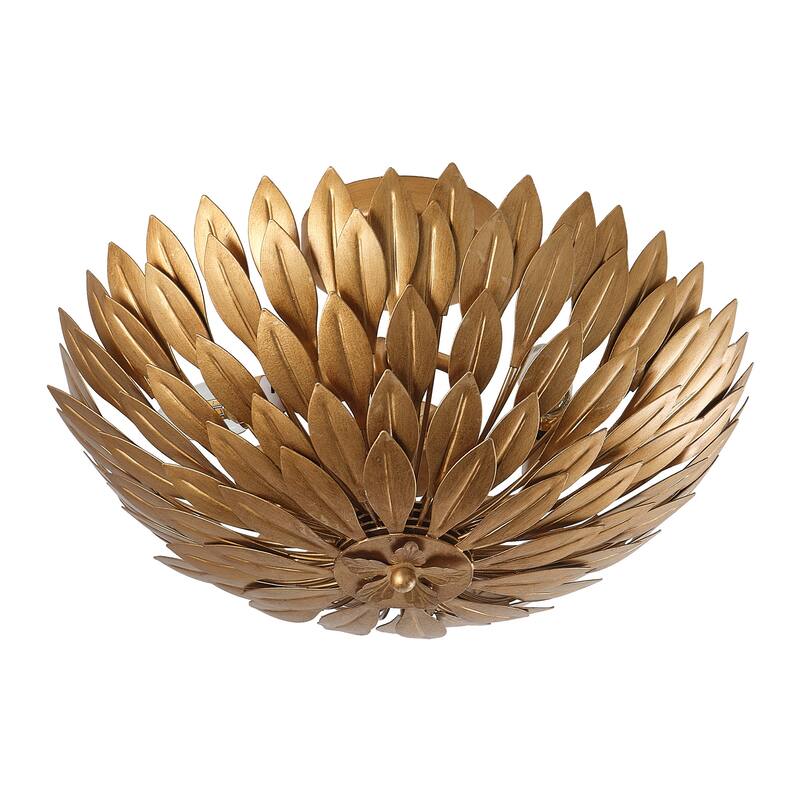 Antique Gold Olive Leaf 3-Light Semi Flush Mount Ceiling Light - 16" W x 10.1" H