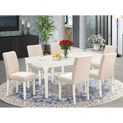 Medieval Dining Set 7Pc Rectangle Table & 6 Chairs - Linen White Legs, Beige Fabric