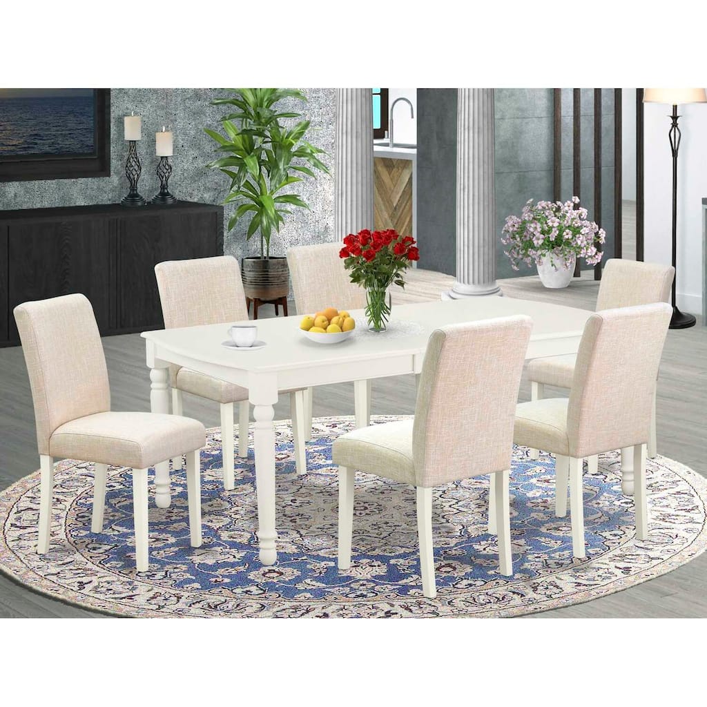 Medieval Dining Set 7Pc Rectangle Table & 6 Chairs - Linen White Legs, Beige Fabric