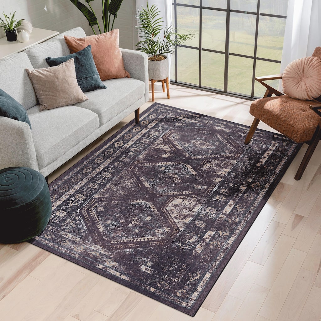 Roomfitters 3x5 Machine Washable Boho Vintage Area Rug, Non-Slip Pet Friendly Indoor Living Room Decor Carpet - Black
