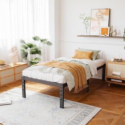 18 Inch Black Metal Platform Bed Frame With Wood Slats Support