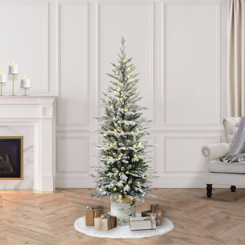 Puleo International 6' Pre-Lit Potted Flocked Arctic Fir Pencil Artificial Christmas Tree - 6