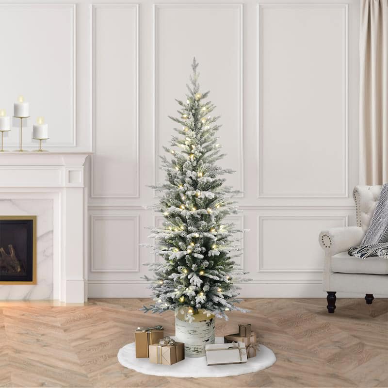 Puleo International 7.5' Pre-Lit Potted Flocked Arctic Fir Pencil Artificial Christmas Tree - 7.5 - Green