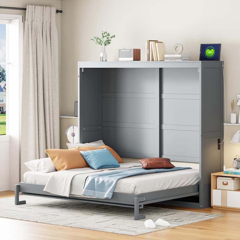 Space-Saving Full Size Wall Bed with Flexible Slats, Gray