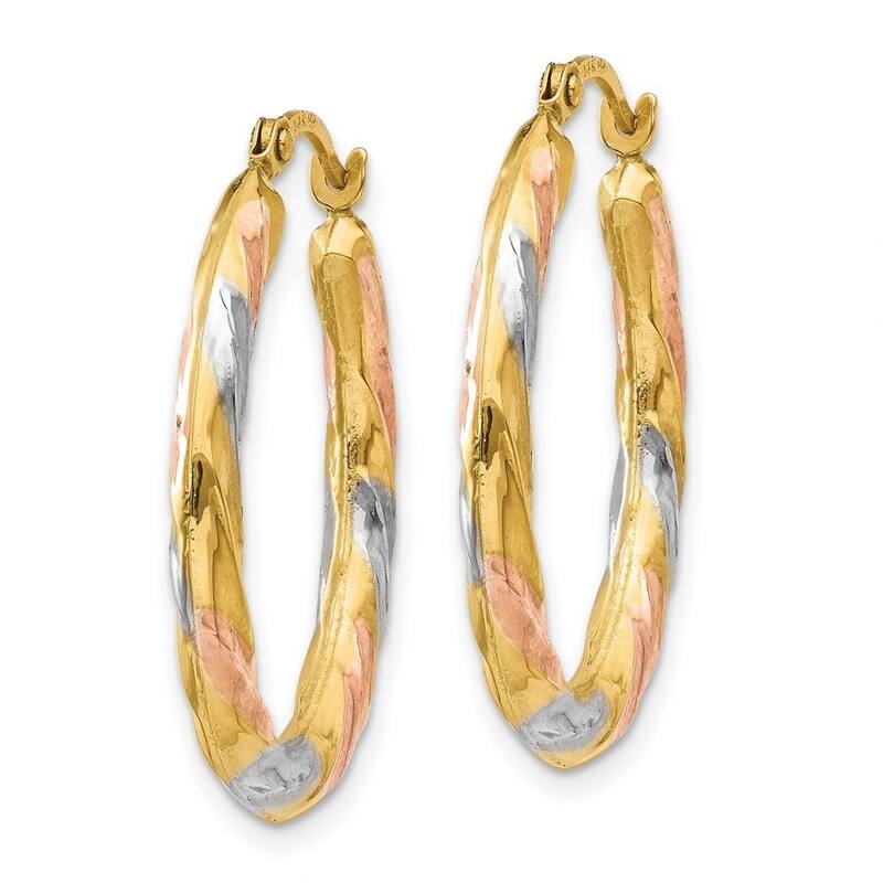 Curata 14k Tri-color Gold 24mm Oval Swirl Hoop Earrings