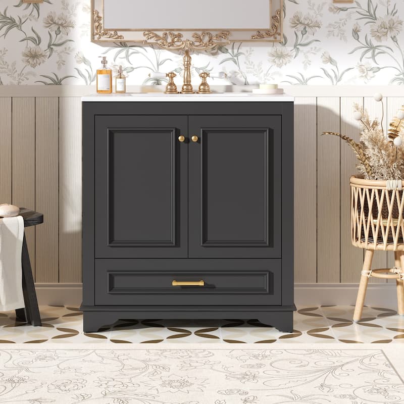 Luxurious 30" Bathroom Vanity with Ceramic Sink, 2 Soft Closing Doors & Solid Wood Frame Storage Cabinet
