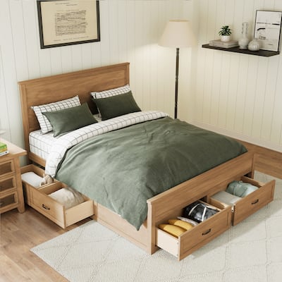 Modern Storage Bed Wood Bed Frame Queen Size Platform Bed with 6 Pull-out Storage Drawers and Panel Headboard Wood Slats Support