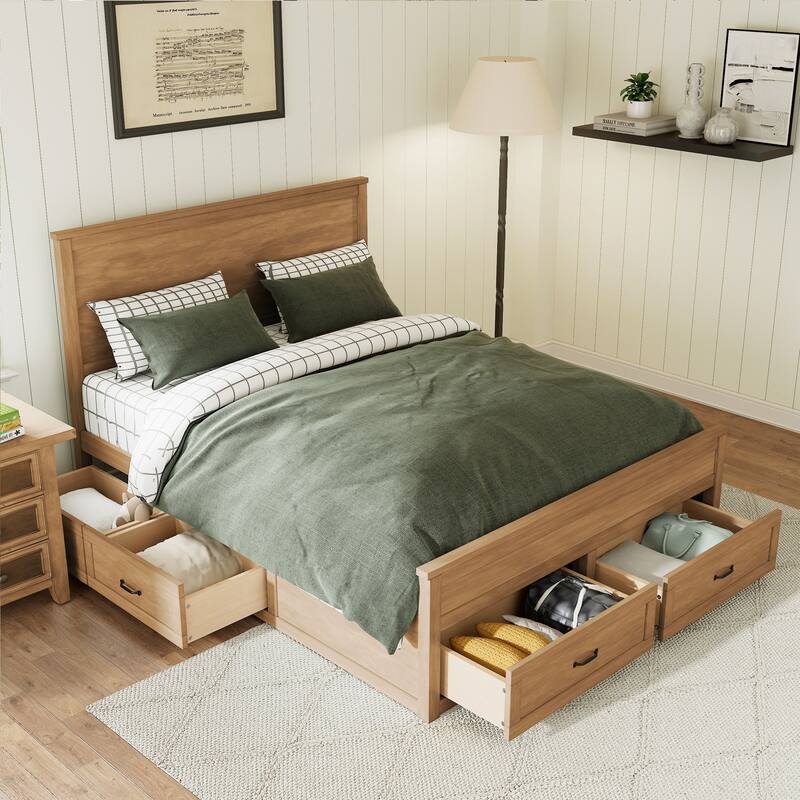 Queen Size Wood Storage Bed Frame with 6 Drawers Wingback Platform Bed