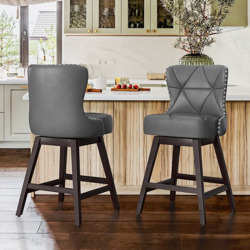 26 in. Modern Faux Leather/Fabric Upholstered Swivel Bar Stools with Wood Frame for kitchen Island(Set of 2) - Dark Grey