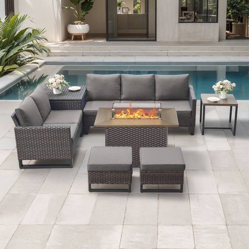Gymojoy 7 Piece Wicker Outdoor Patio U-shaped feet Conversation Set Group , Include Fire Pit Table - Brown Wicker / Gray Cusion - 7-Piece