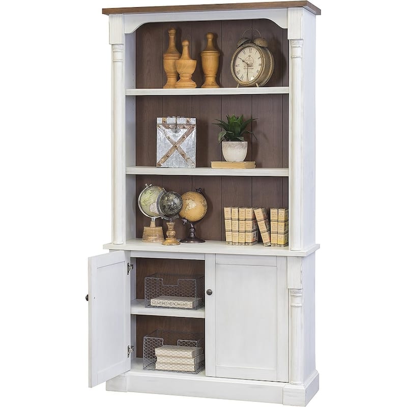 Rustic Wood Bookcase With Doors, Storage Cabinet, White - 42w x 78h x 16d