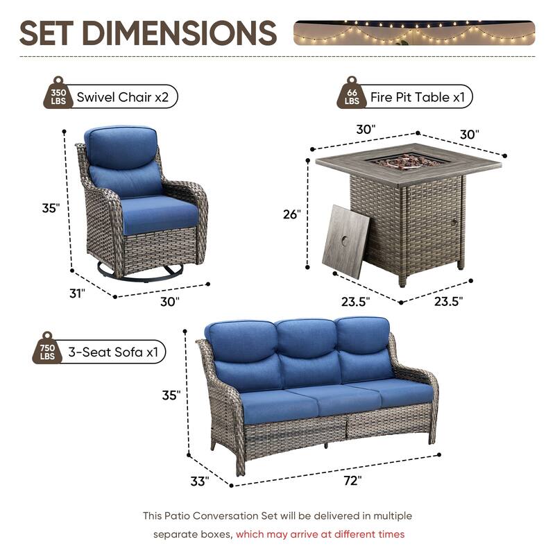 Pocassy Outdoor Propane Fire Table with Sofa Swivel Chair Table Funiture Set.