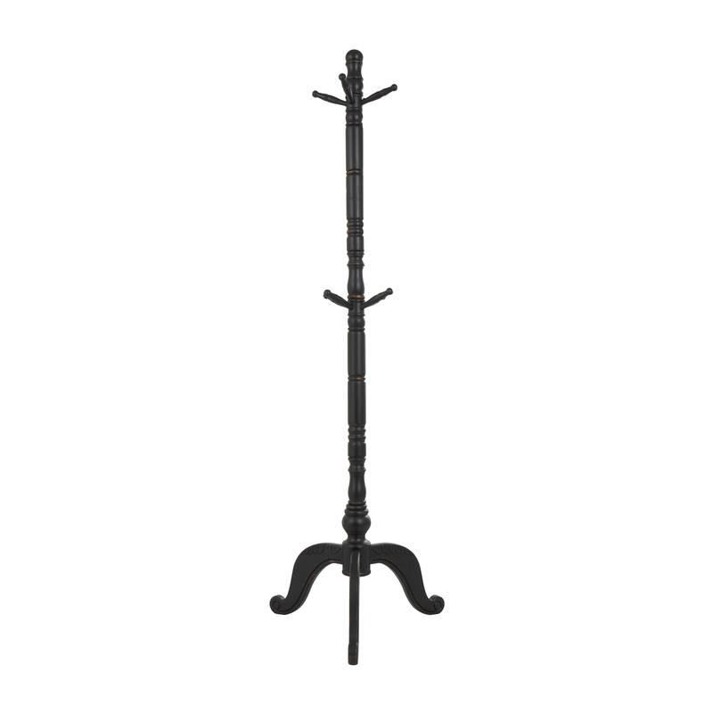 Wood 7 or 8 Hanger Coat Rack with Scrolled Feet and Leaf Carvings - Black or White - Roche River Decor