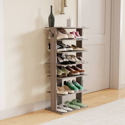 7-Tier Vertical Shoe Rack with Hooks, Entryway Shoe Organizer for 12-14 Pairs, Rustic Gray Space-Saving Shoe Tower.