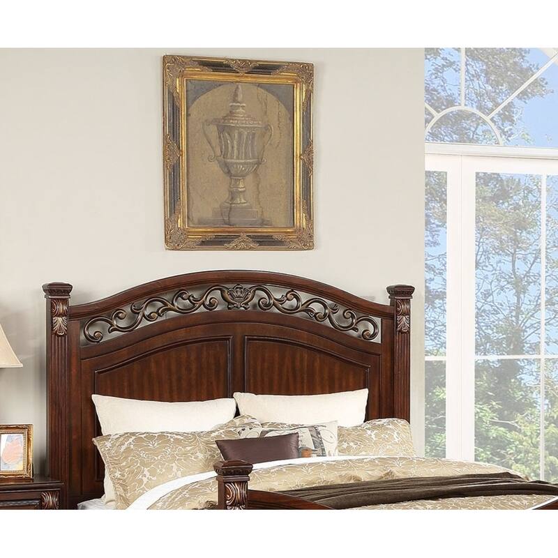 Traditional Style Bed Set Bun Feet Floral Design Dark Cherry Bedroom Furniture