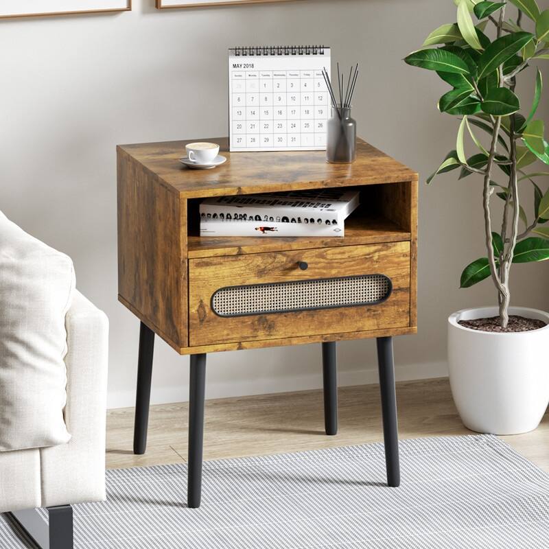 Mixoy Nightstand with Storage,Wooden End Table with Rattan Decor Drawer and Black Legs,Modern Bedside Table