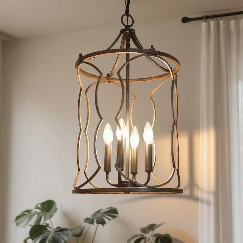 Modern Farmhouse 4-Light Cylinder Wood Grain Chandelier for Kitchen Island - Taupe