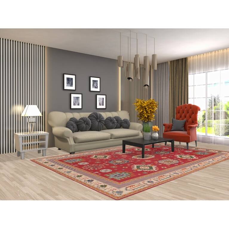 Geometric Red Kazak Area Rug Handmade Oriental Wool Carpet - 6'6" x 9'10"