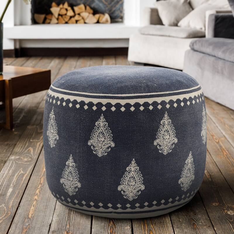 18" Blue Cotton Cylinder Paisley Pouf Ottoman for Footrest and Seating