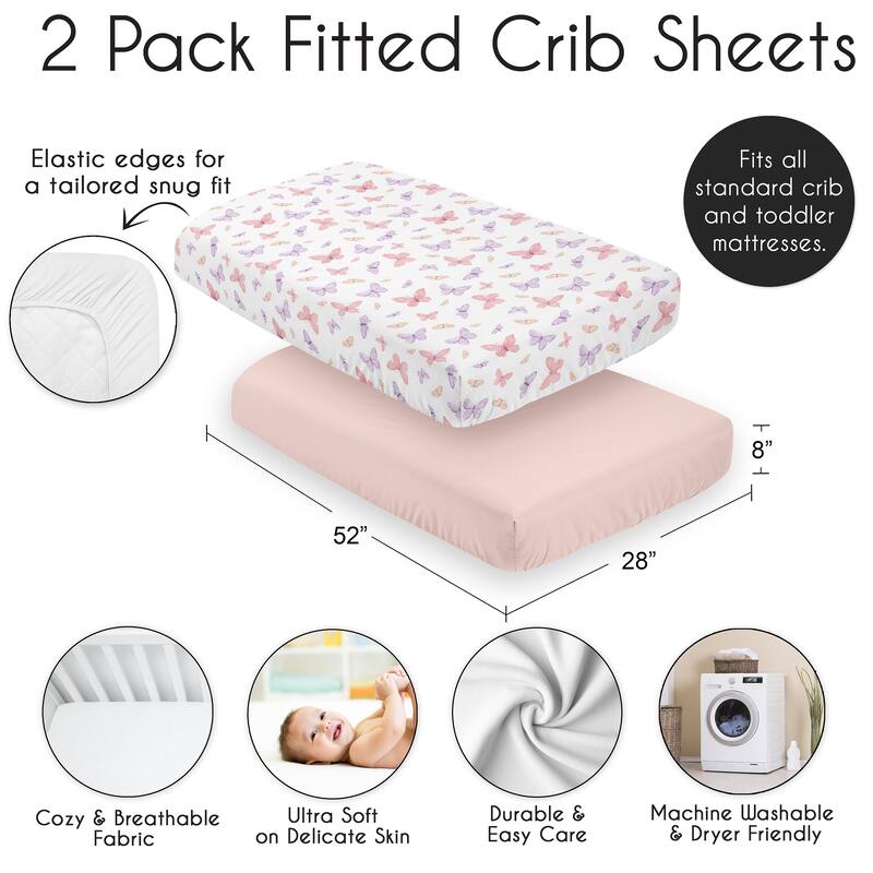 Sweet Jojo Designs Pink and Purple Shabby Chic Butterfly Girl 2 Pack Fitted Crib Sheets - Colorful Butterflies Pastel Watercolor