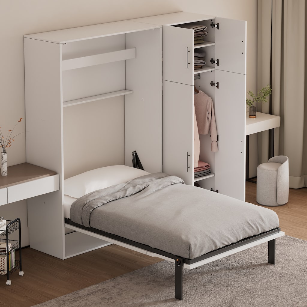 Solid Wood Twin Size Murphy Bed with Lockers and Wardrobes Convertible Hidden Folding Wall Bed for Bedroom, Guest Room