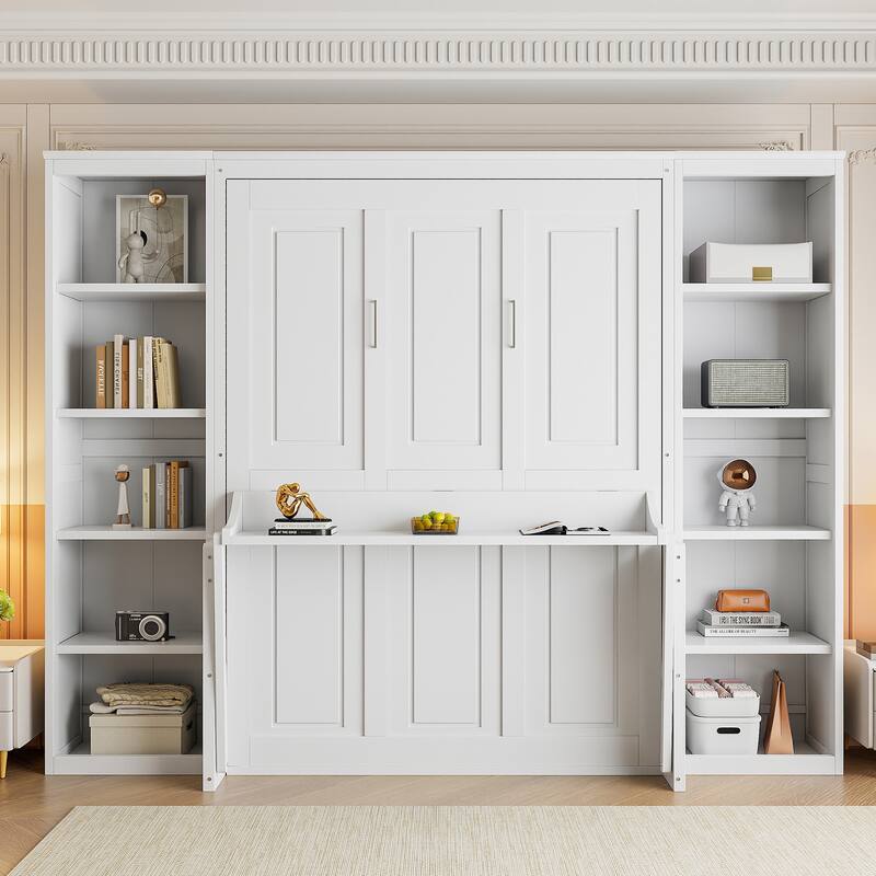 Full Size Murphy Bed with 2 Side Cabinet Storage Shelves, Hidden Convertible Folding WallBed with Desk Combo for Bedroom