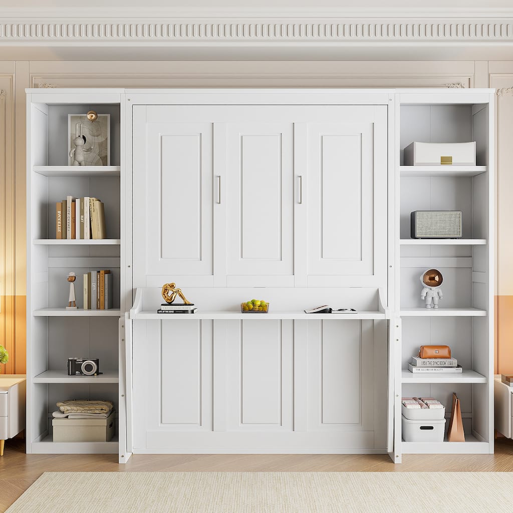 Space-Saving Full Size Murphy Bed with Built-In Desk and Bookshelf, White